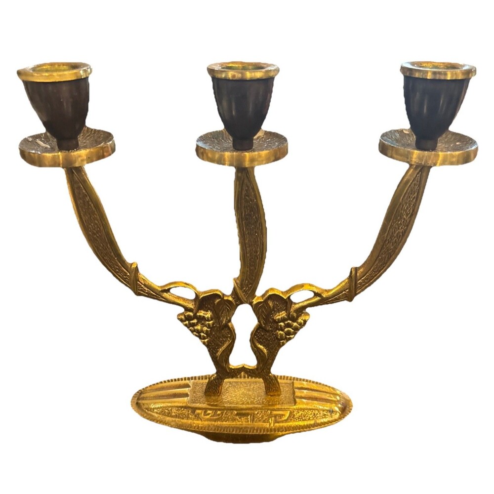 Vintage Brass Shabbat 3 Branch Candelabra Judaica Israel MCM Grapes Brass